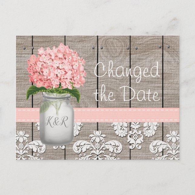 Cartão Postal Alterou o Date Monogram Pink Hydrangea Mason Jar (Frente)