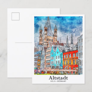 Cartão Postal Altstadt Koln Alemanha Viagem Watercolor Hand Draw