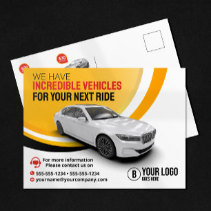 Cartão Postal Aluguel de Carros Amarelo Profissional Automóvel