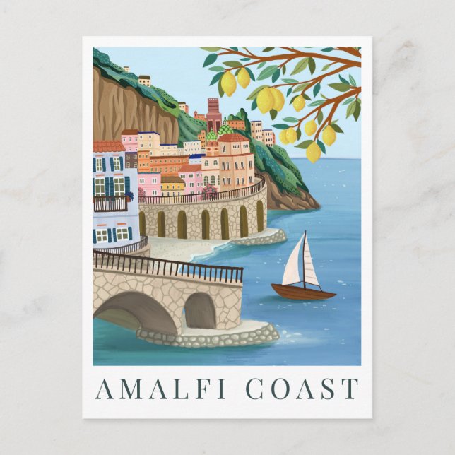 Cartão Postal Amalfi Coast Italy Travel Illustration (Frente)