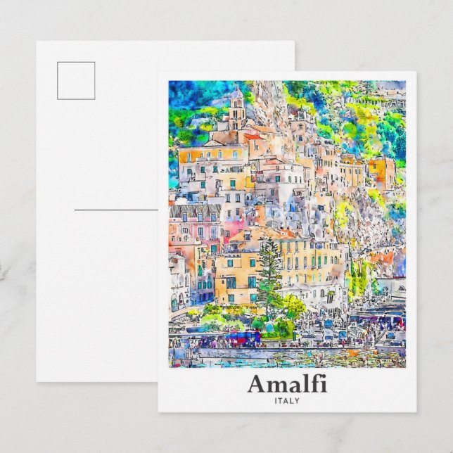 Cartão Postal Amalfi Itália Viagem Watercolor Desenhado (Frente/Verso)