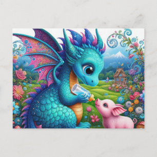 Cartão Postal Amantes de fantasia porco dragão