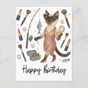 Cartão Postal Amantes de gatos pescando bebendo café de aniversá