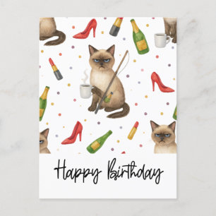 Cartão Postal Amantes de gatos pescando bebendo café de aniversá