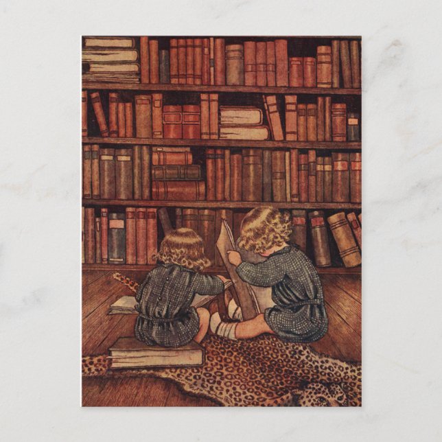 Cartão Postal Amantes de livros infantis vintage lendo na biblio (Frente)