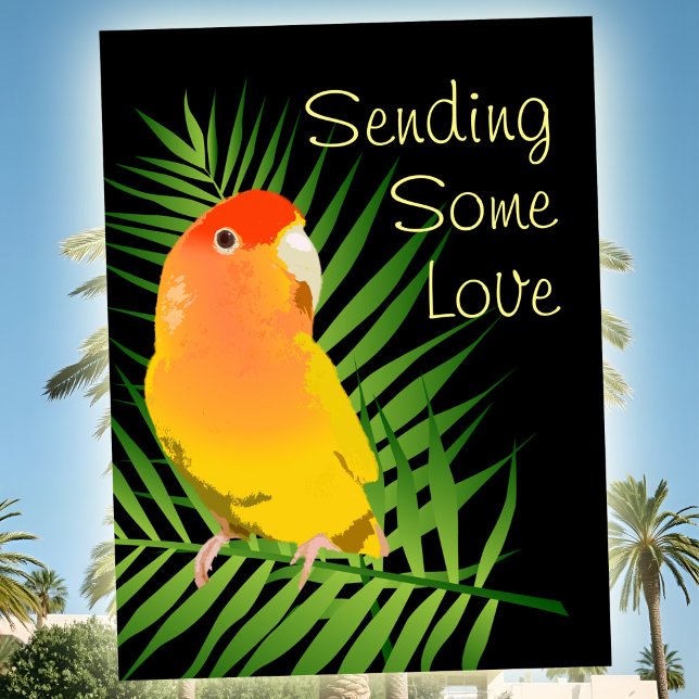 Cartão Postal Amarelo Vibrante Inseparáveis Amantes de Pássaros  (bright yellow Lovebird postcard pop art style for pet loss or greeting, peachfaced lutino pet bird.)