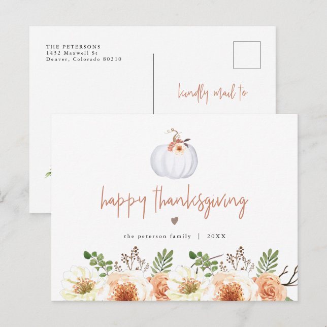 Cartão Postal AMBER Fall White Pumpkin e Floral Ação de Graças (Frente/Verso)