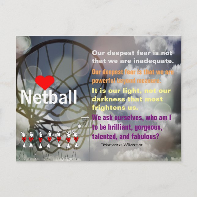 Cartão Postal Ame o tema do Netball e a citação inspiradora (Frente)