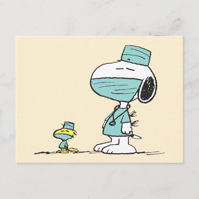 Cartão Postal Amendoins | Médicos Snoopy e Woodstock (Frente)