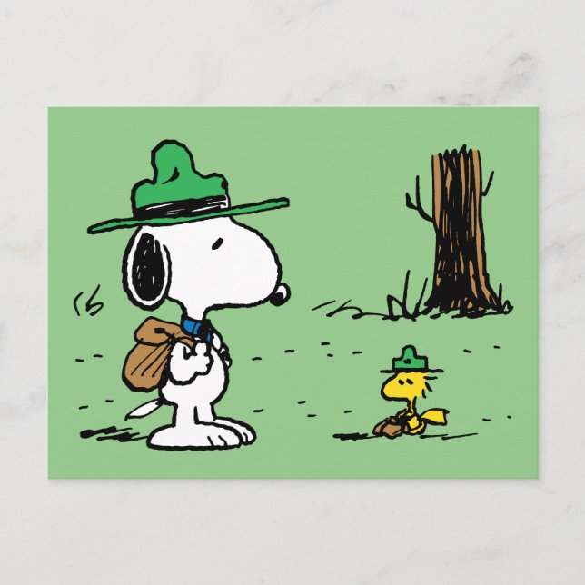 Cartão Postal Amendoins | Snoopy & Woodstock Acampando (Frente)