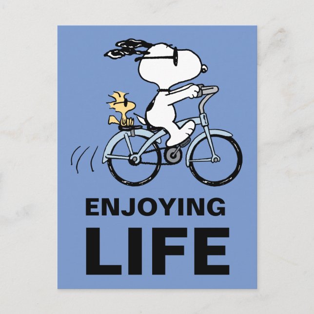 Cartão Postal Amendoins | Snoopy & Woodstock de Bicicleta (Frente)