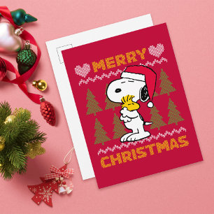 Cartão Postal Amendoins   Snoopy & Woodstock Santa Claus Hug