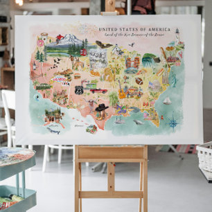 Cartão Postal América Mapa dos EUA Ilustrado em Aquarela