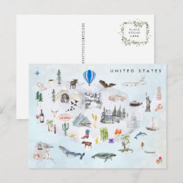 Cartão Postal América | Mapa dos EUA Ilustrado em Aquarela