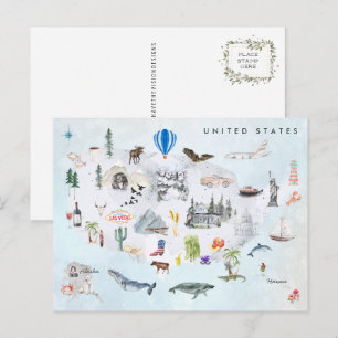 Cartão Postal América Mapa dos EUA Ilustrado em Aquarela