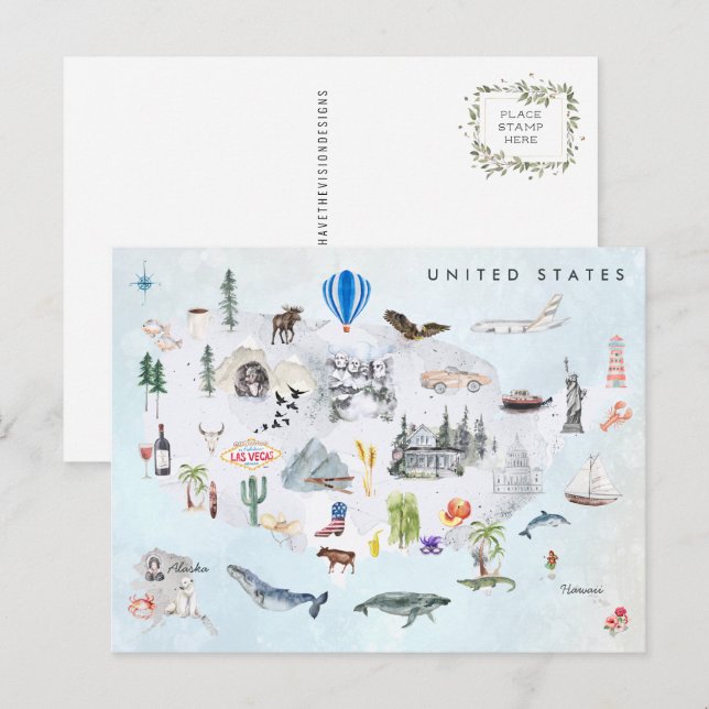 Cartão Postal América | Mapa dos EUA Ilustrado em Aquarela (Frente/Verso)