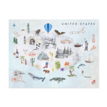 América | Mapa dos EUA Ilustrado em Aquarela