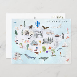 Cartão Postal América   Mapa Ilustrado dos EUA