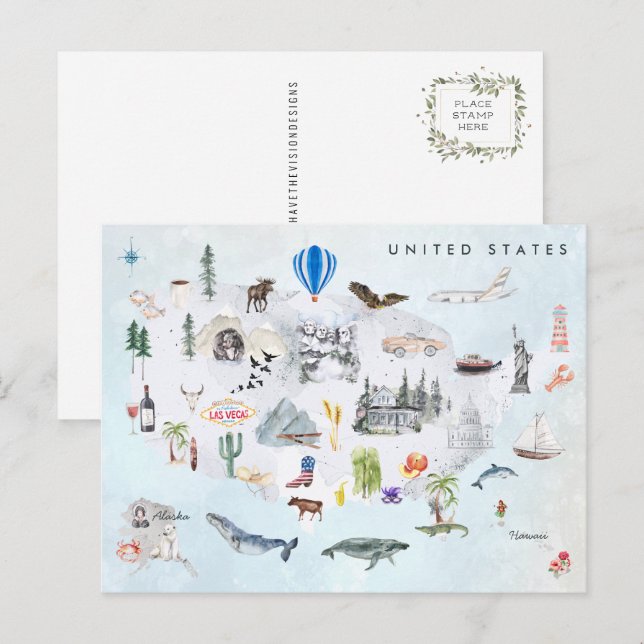 Cartão Postal América | Mapa Ilustrado dos EUA (Frente/Verso)