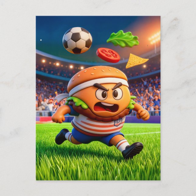 Cartão Postal American burger soccer player charging across stad (Frente)
