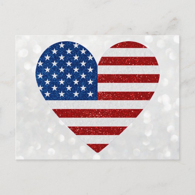 Cartão Postal American Flag Heart 4 de julho Glitter (Frente)
