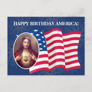 Cartão Postal American Flag Sacred Heart of Jesus Fireworks