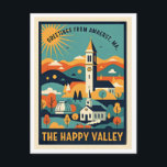 Cartão Postal Amherst MA Happy Valley Retro Travel<br><div class="desc">Amherst MA Happy Valley Retro Travel Postcard – Colorful Artistic Graphic Design Greeting, Vintage Style Massachusetts Souvenir, Vibrant POD Card Description: Celebrate the charm of Amherst, Massachusetts—fondly known as The Happy Valley—with this vibrant retro-inspired travel postcard. Designed in a colorful, stylish vintage travel poster aesthetic, this artistic rendering captures the...</div>