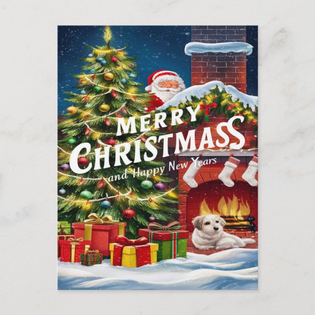 Cartão Postal Amigo Peludo Festivo junto à Lareira (Frente)