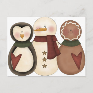 Cartão Postal Amigos de Snowman, homem de pão-gengibre, pinguim