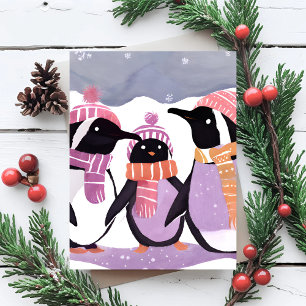 Cartão Postal Amigos Pinguins de Natal Aquarela de Inverno