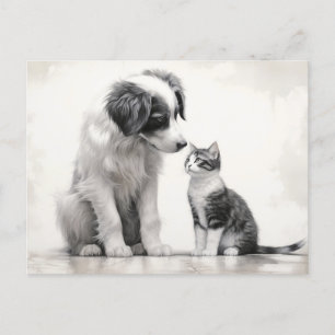 Cartão Postal Amizade de Collie e Kitten de Fronteira Bonita