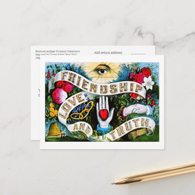 Cartão Postal Amizade Romântica Floral do Amor Namorados Masonic (Frente/Verso In Situ)