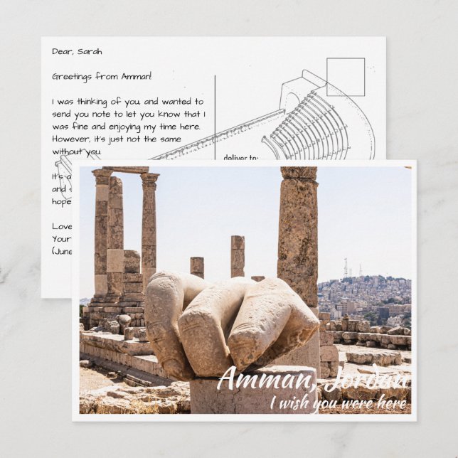 Cartão Postal Amman Jordan com a Mão de Hércules (Frente/Verso)