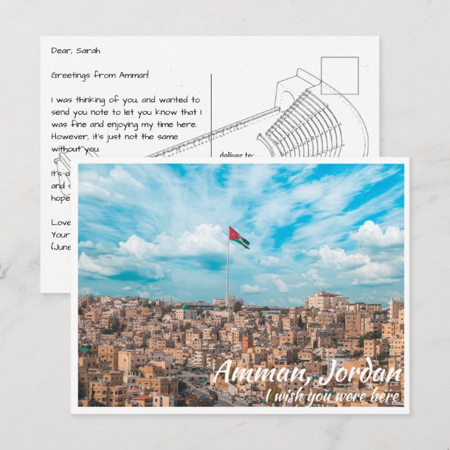 Cartão Postal Amman Jordan com Bandeira Jordaniana (Frente/Verso)