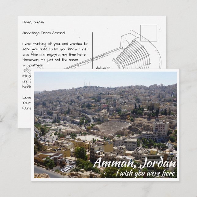 Cartão Postal Amman Jordan com Teatro Romano de Afar (Frente/Verso)