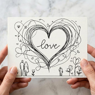Cartão Postal Amor Coração com Linhas Desenhadas à Mão