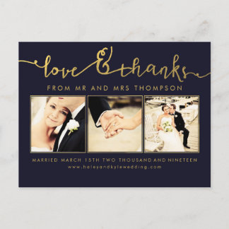 Cartão Postal Amor Dourado do casamento do marinho & foto do