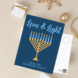 Cartão Postal Amor e Azul Dourado Hanukkah Menorah<br><div class="desc">Cartão postal de Amor e Chanucá Luz personalizado para uma família judia ou uma festa Chanukah com sinagoga. Personalize esses cartões postais bonito com seu próprio sobrenome ou informações de grupo em azul sob a menorah do ouro bonito.</div>