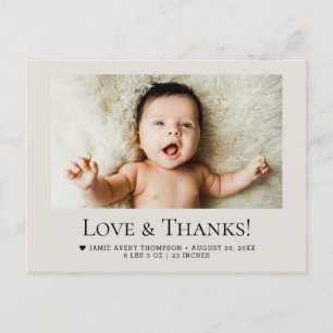 Cartão Postal Amor e Obrigado Bebê Foto Estatísticas de Nascimen