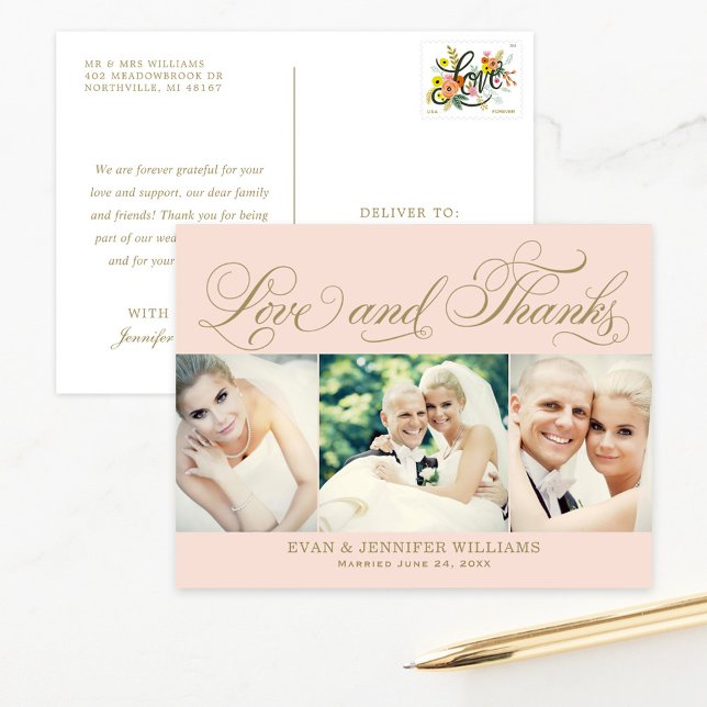 Cartão Postal Amor e Obrigados Blush Dourado Foto Casamento Obri (Criador carregado)