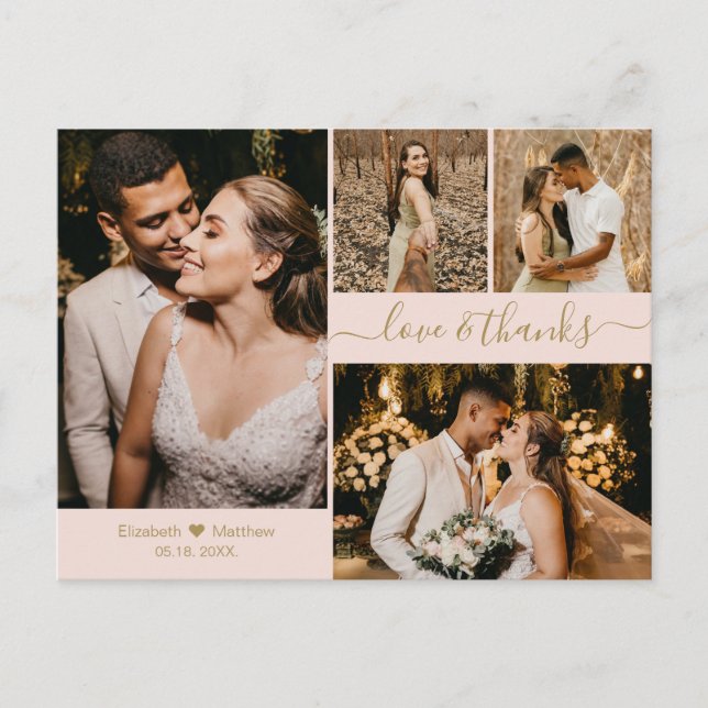 Cartão Postal Amor e Obrigados Rosa e Casamento Dourado Obrigado (Frente)