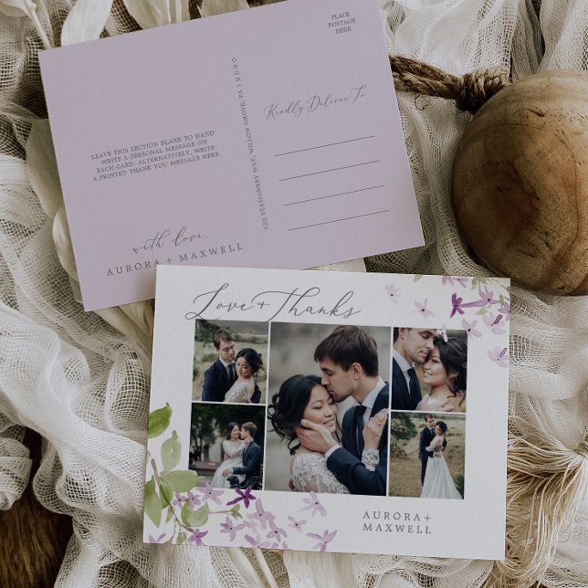 Cartão Postal Amor e Obrigados Rustic Lilac Multi Photo Wedding (Criador carregado)