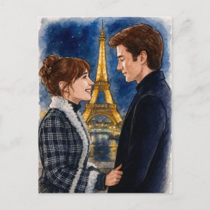 Cartão Postal Amor Romântico Paris Homem Mulher Postal Aquarela