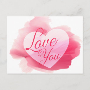 Cartão Postal Amor Você Aquarela Rosa e Coração Vermelho