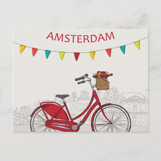 Cartão Postal Amsterdã, bicicleta vermelha na rua, ilustração (Frente)