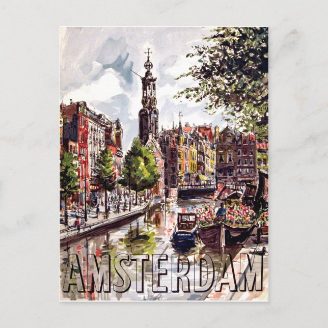 Cartão Postal Amsterdã, edifícios e porto da cidade. Viagem anti (Frente)