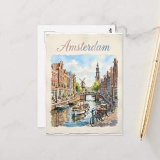 Cartão Postal Amsterdã Holanda aquarela