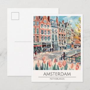 Cartão Postal Amsterdã Holanda Ilustração Arte Viagem