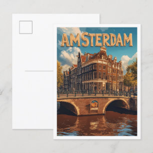 Cartão Postal Amsterdã Holanda Ilustração Vintage Viagem