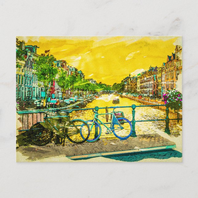 Cartão Postal AMSTERDAM, Eu Adoro Canais de Aquarela Holandesa (Frente)